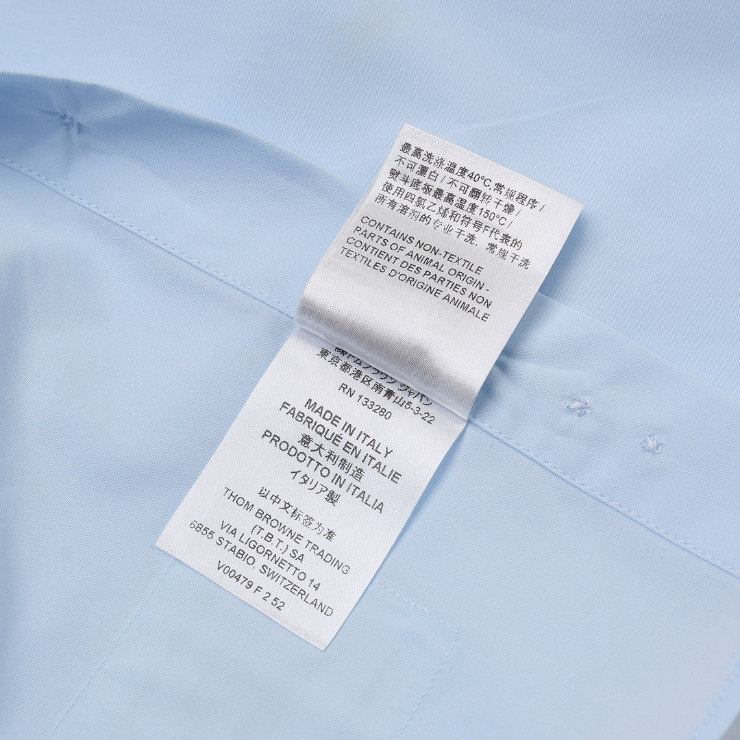 Thom Browne white cropped round collar long-sleeve button-down shirt with chest pocket and brand label tab