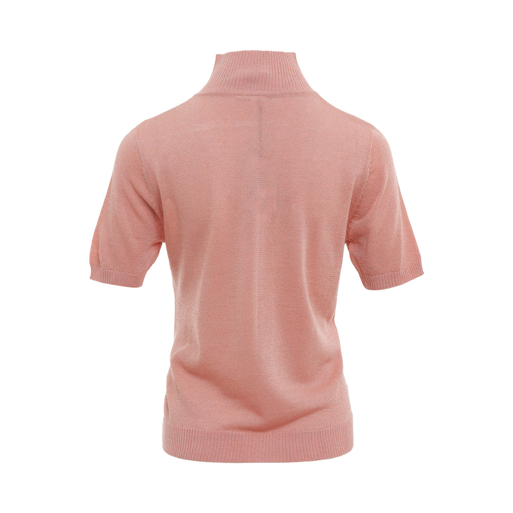 Rally Movement Holiday Edition short-sleeve knitted polo in dusty pink with quarter-zip mock neck and embroidered RM monogram