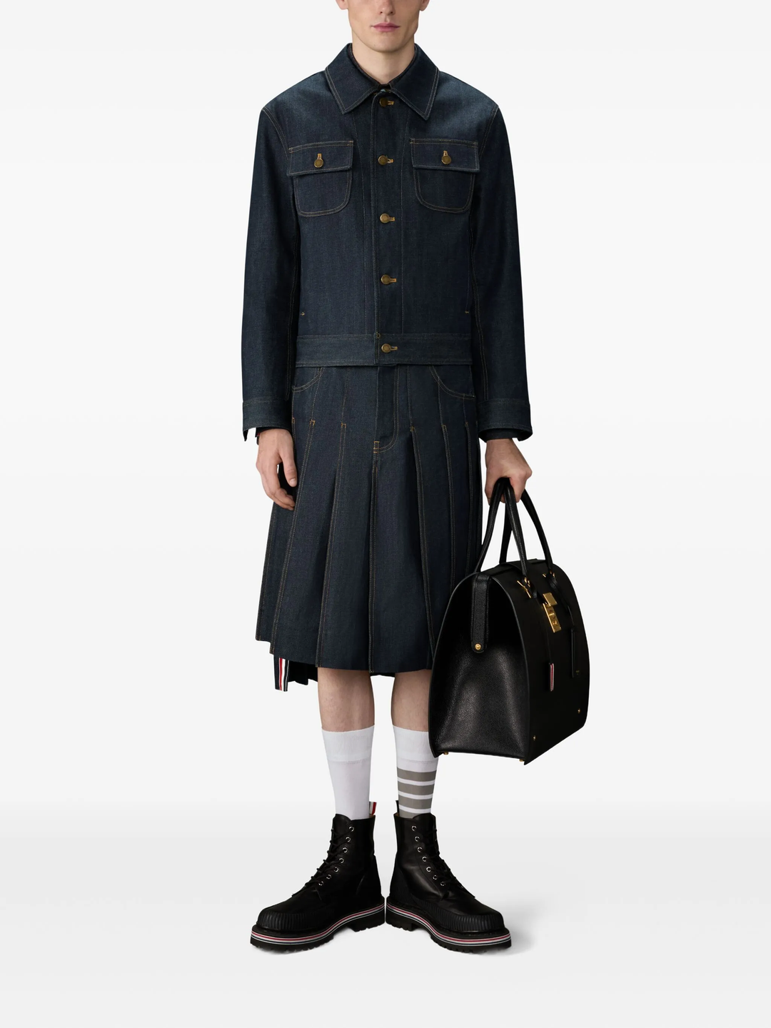 Denim 5 Pocket Knee Length Pleated Skirt