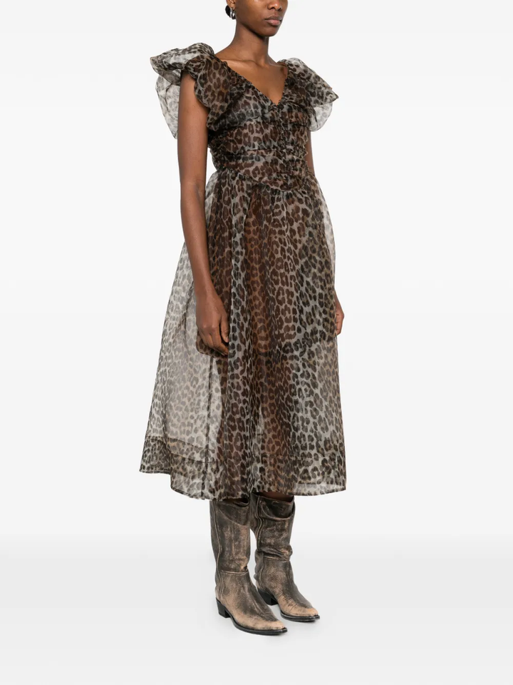 Printed Textured Organza Long Dress