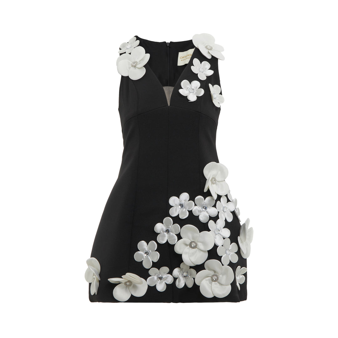 Black Floral Appliqué Mini Dress