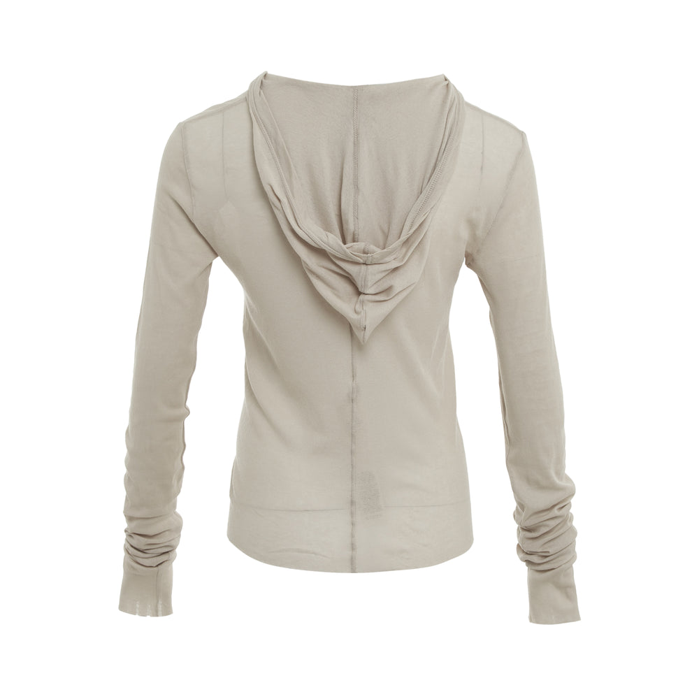 Rick Owens Cropped Hooded Long Sleeve Tee in greige stretch jersey, featuring a slim hood and elongated draped cuffs, shown on a ghost form against a white background