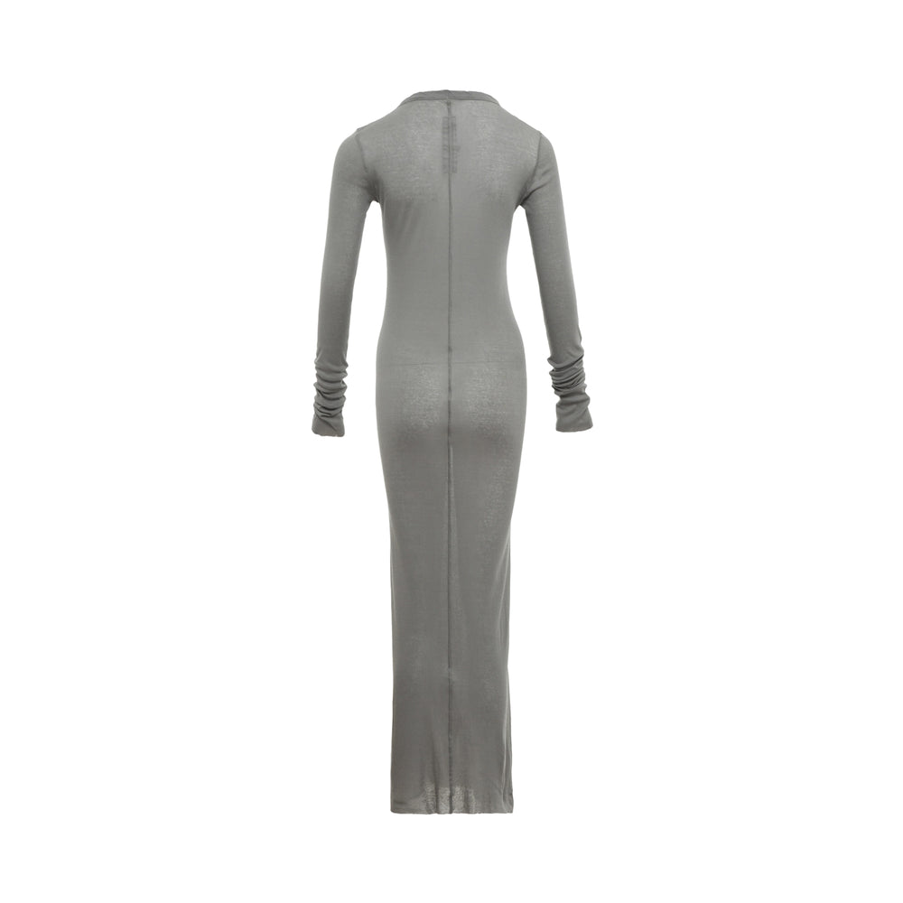 Rick Owens sage grey fine-gauge rib-knit maxi dress with mock neck, long sleeves with ruched cuffs, and side slit, displayed on a ghost mannequin against a white background