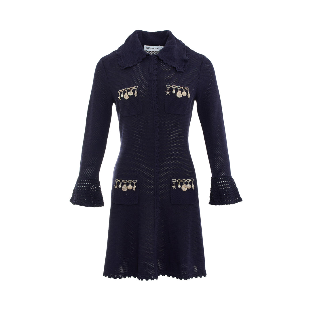 Navy Shell Embellished Knit Mini Dress