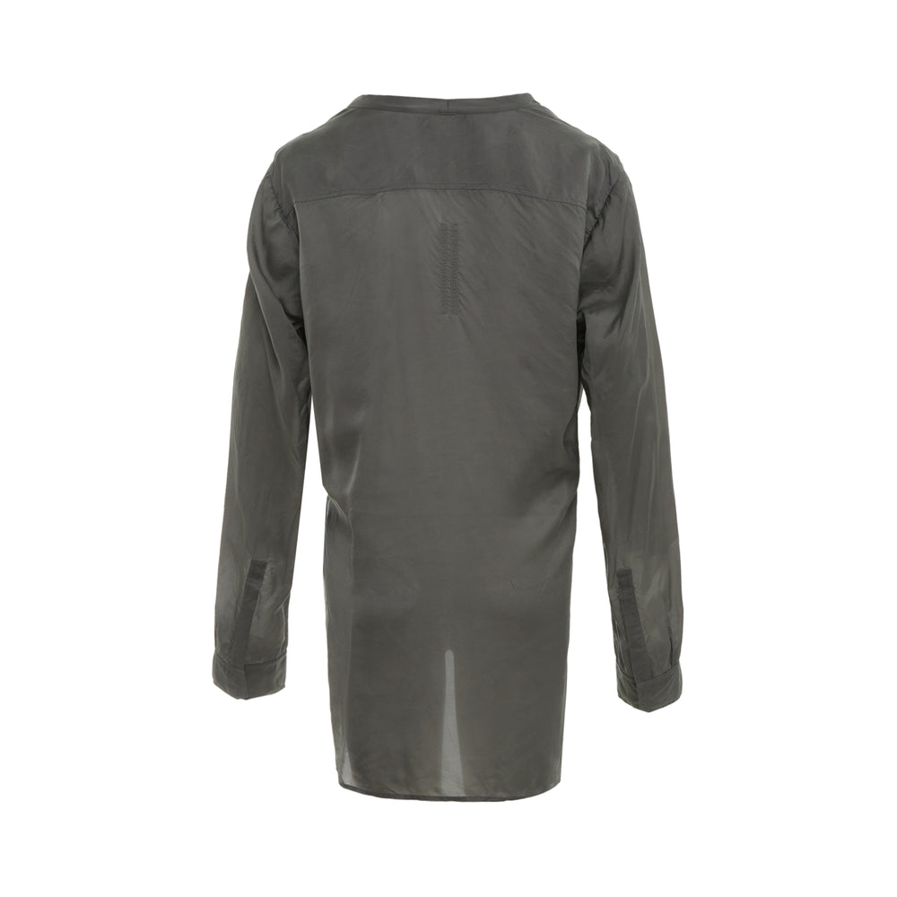 Rick Owens Fogpocket Long Sleeve Shirt in khaki grey with deep V-neckline and structured shoulder seaming