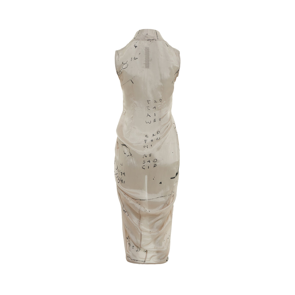 Rick Owens Wrap Sleeveless Dress in cream with abstract hand-drawn print, featuring a deep V-neckline, tie-front closure, draped silhouette, and asymmetric hem