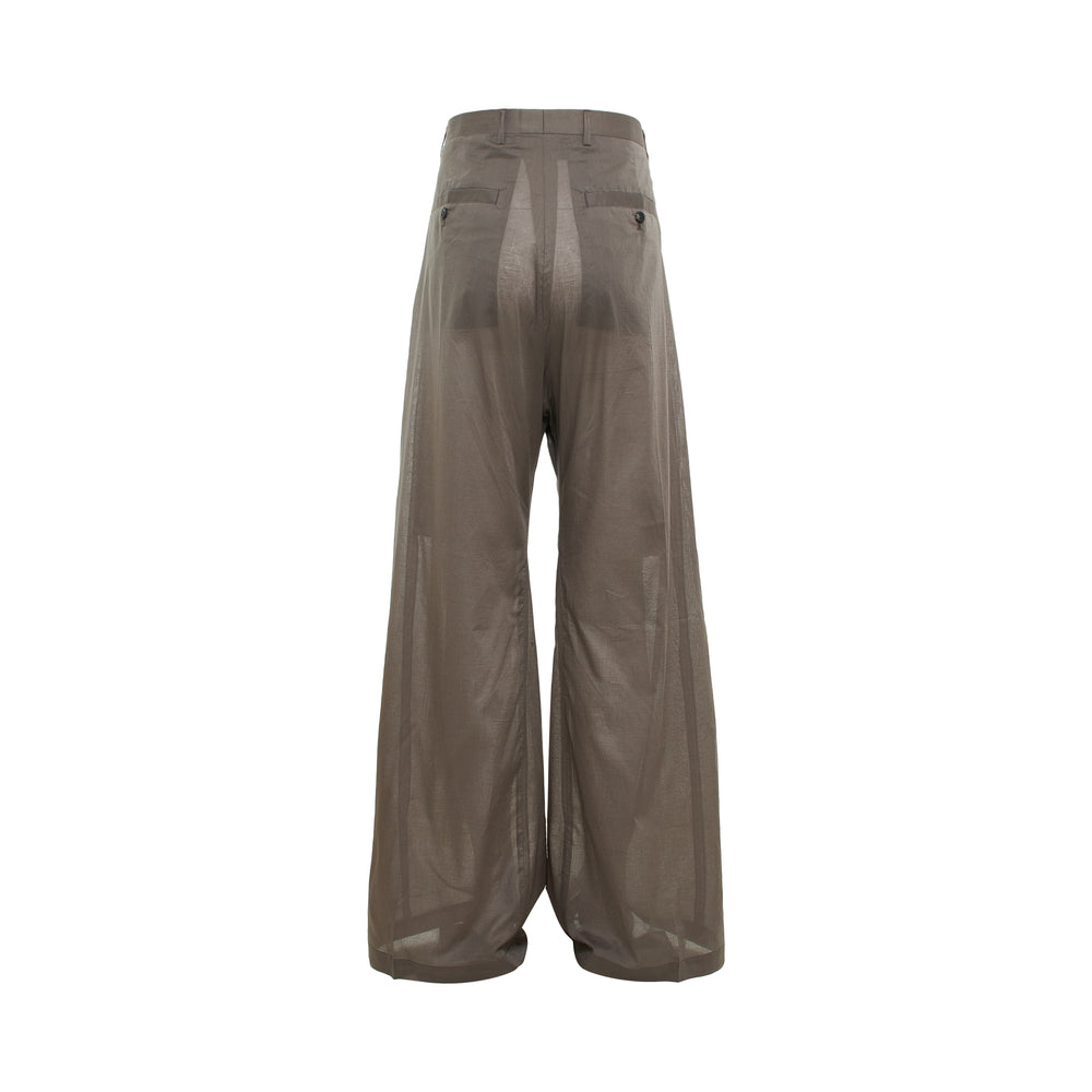Rick Owens Belas wide-leg pants in taupe with exposed zip fly and high-rise waistband, displayed flat on a white background