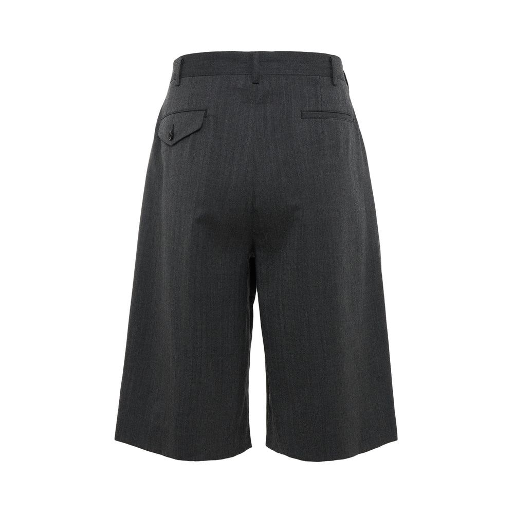 COMME des GARCONS HOMME PLUS Pleated Wide-Leg Shorts in charcoal grey with deep forward pleats and high-rise waistband, front view on white background