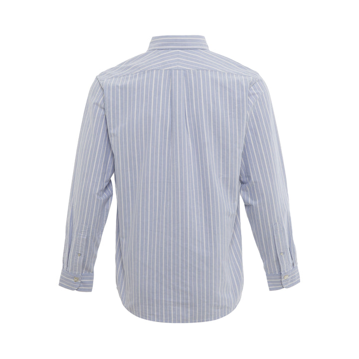 HUMAN MADE Stripe Oxford Button-Down Shirt in blue and white vertical pinstripe with tiger crest badge and button-down collar
