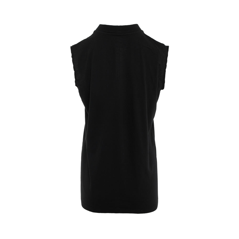 Rick Owens sleeveless tank top in dusty charcoal grey with exposed geometric seam panelling across the chest and elongated hem, front view on white background