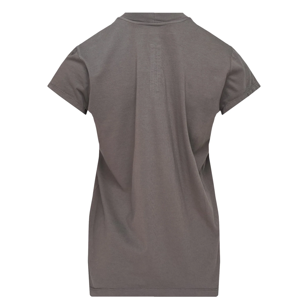 Rick Owens Small Level Short Sleeve Tee in dark grey, featuring a mock neck, ribbed shoulder yoke, angular exposed seam panelling across the chest and body, cap sleeves, and a longline silhouette with a banded hem