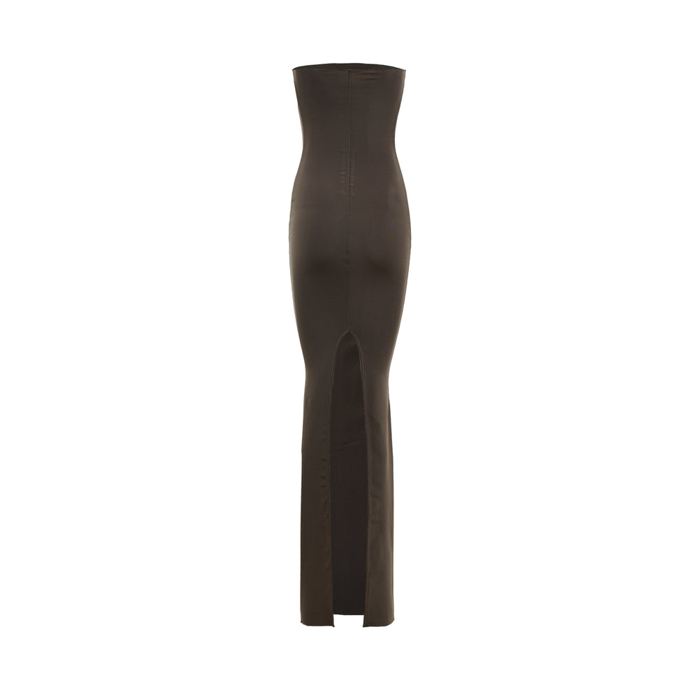Rick Owens Dirt Coda strapless black maxi gown with a body-conscious silhouette and fishtail hem, photographed flat on a white background