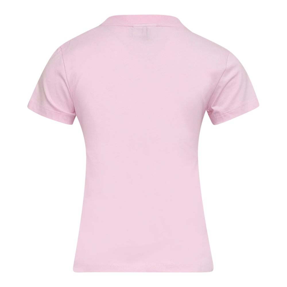 Ganni Teddy Jersey Baby Fit Tee in light pink featuring a distressed arched Ganni logo, faded teddy bear graphic, and 'Have a nice day! Please recycle' slogan print