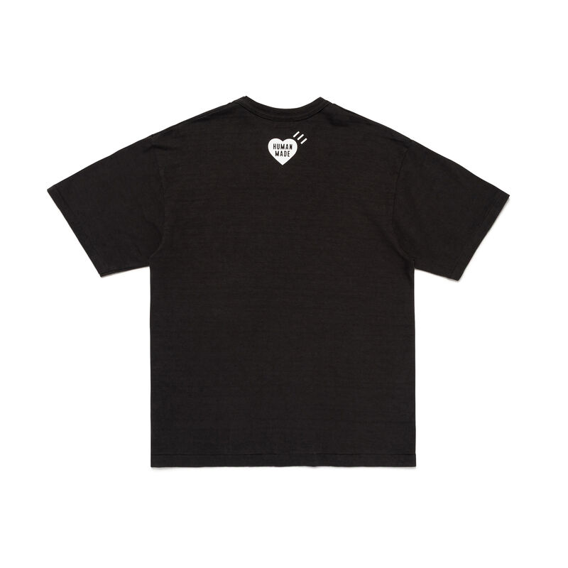 Human Made Heart Graphic Short Sleeve Tee in black, featuring an oversized red heart print with motion lines and 'Human Made' text on the chest, with a woven label at the neckline