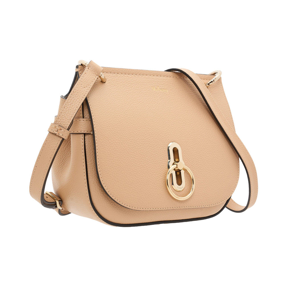 Mulberry Small Amberley Satchel in sandy beige pebbled leather with gold-tone Postman's Lock closure and adjustable crossbody strap