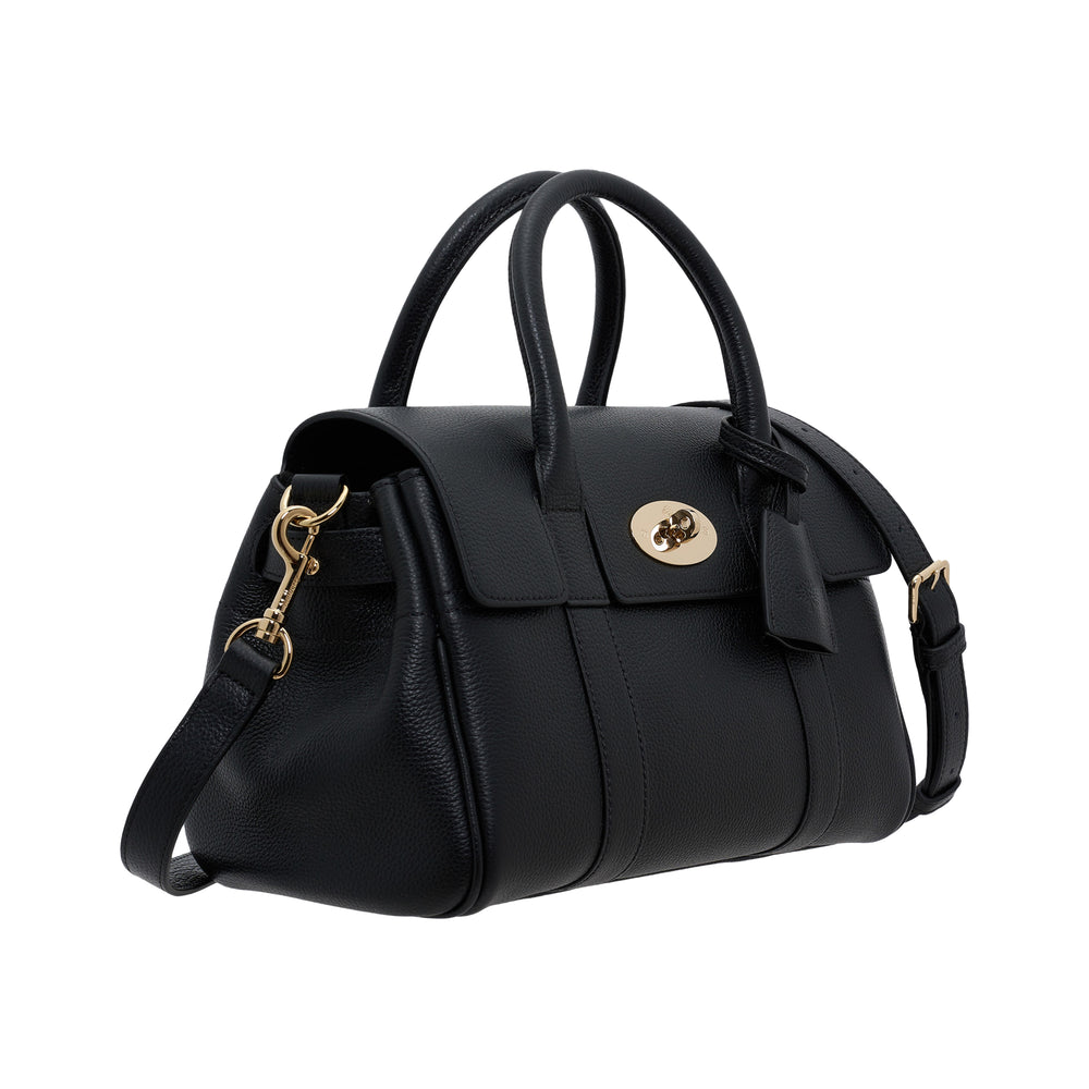 Mulberry Small Bayswater Satchel in black pebbled leather with gold postman's lock closure, twin rolled top handles, and detachable crossbody strap