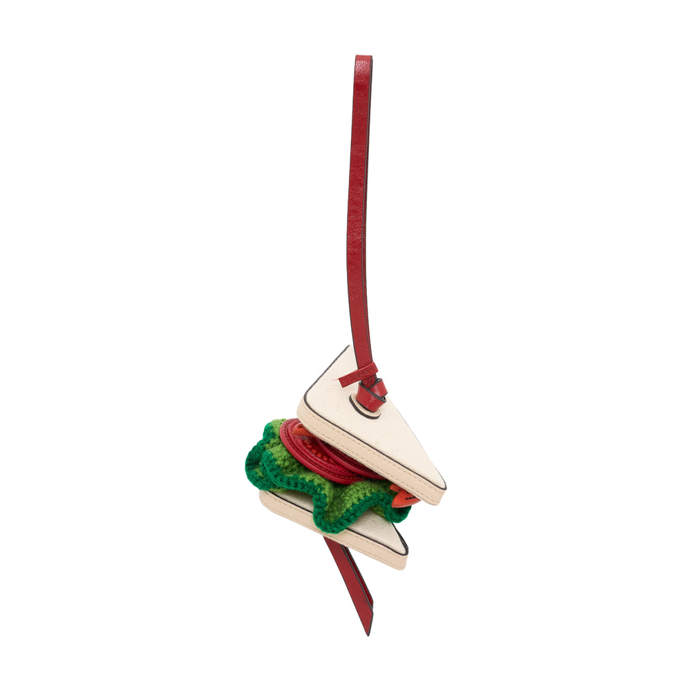 Mulberry Prawn Sandwich Bag Charm in cream pebbled leather with knitted green lettuce, sculpted leather prawn, and red leather hanging strap