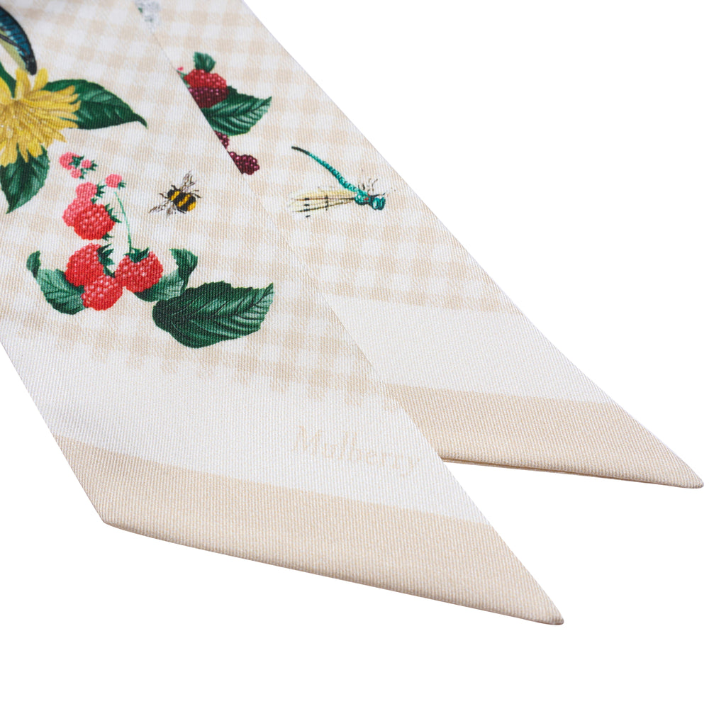 Mulberry River Side Floral Skinny Scarf laid flat, featuring a cream gingham ground with botanical illustrations of wild berries, meadow flowers, and insects along its length, with striped pointed ends