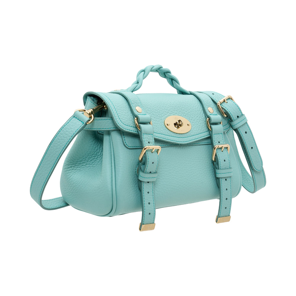 Mulberry Mini Alexa Heavy Grain leather bag in mint green with plaited top handle, postman's lock closure, and gold-tone buckle hardware, shown with detachable crossbody strap