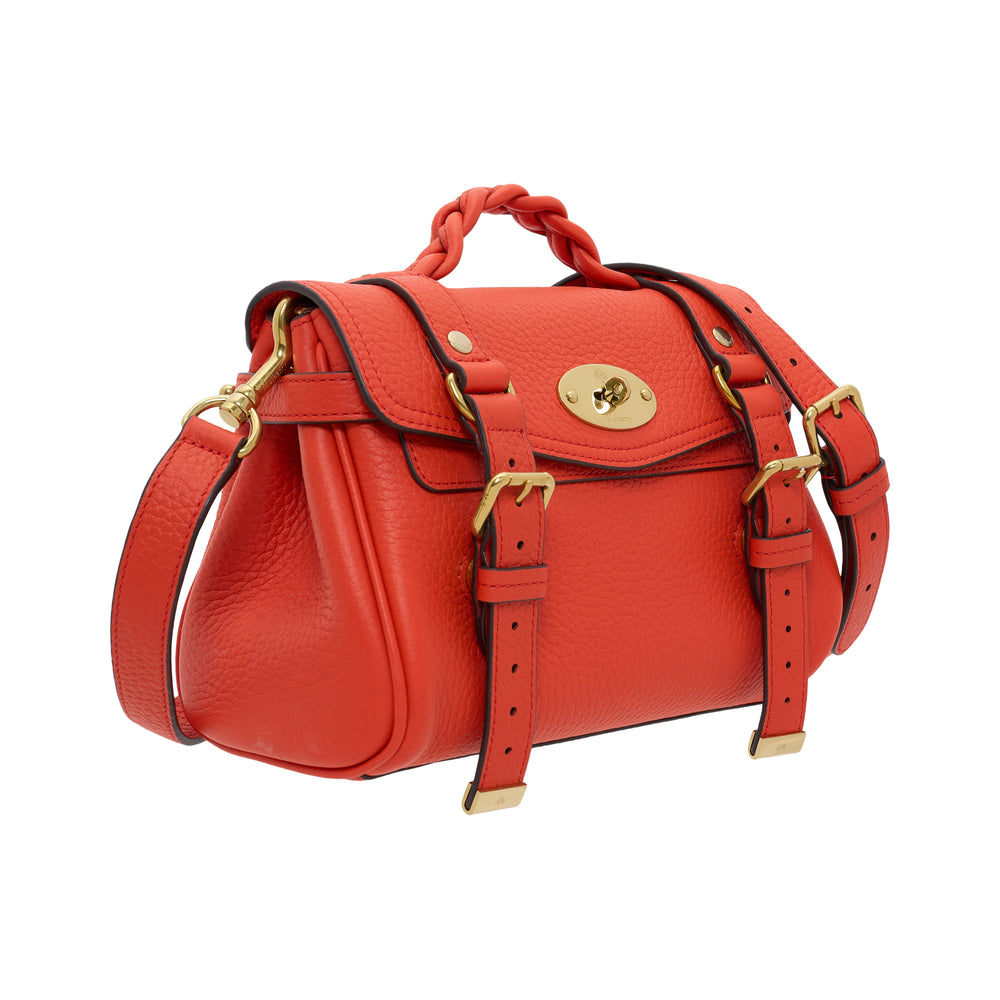 Mulberry Mini Alexa Heavy Grain leather bag in mint green with plaited top handle, postman's lock closure, and gold-tone buckle hardware, shown with detachable crossbody strap