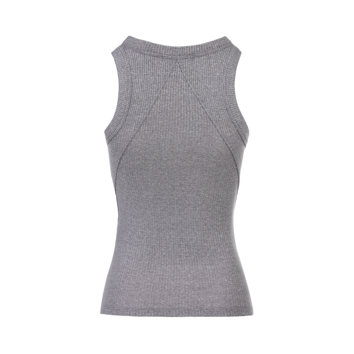 rag & bone Essential Rib Heather Tank in heathered grey, featuring a high racerback neckline and slim ribbed knit construction, shown on a white background - view 2
