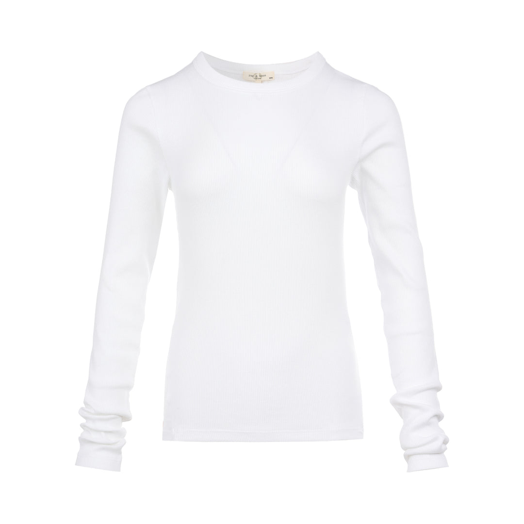 rag & bone Essential Rib Long Sleeve Crew in white, featuring a slim ribbed silhouette, elevated crew neckline, and ribbed cuffs