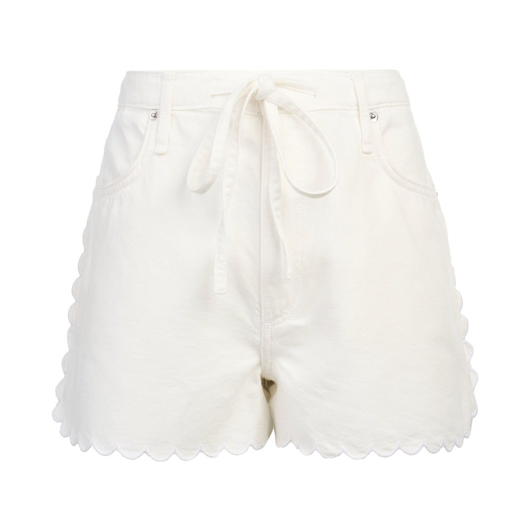 rag & bone Nolan Shorts in ivory white denim with scalloped hem, self-tie drawstring waist, and silver-tone rivets, front view