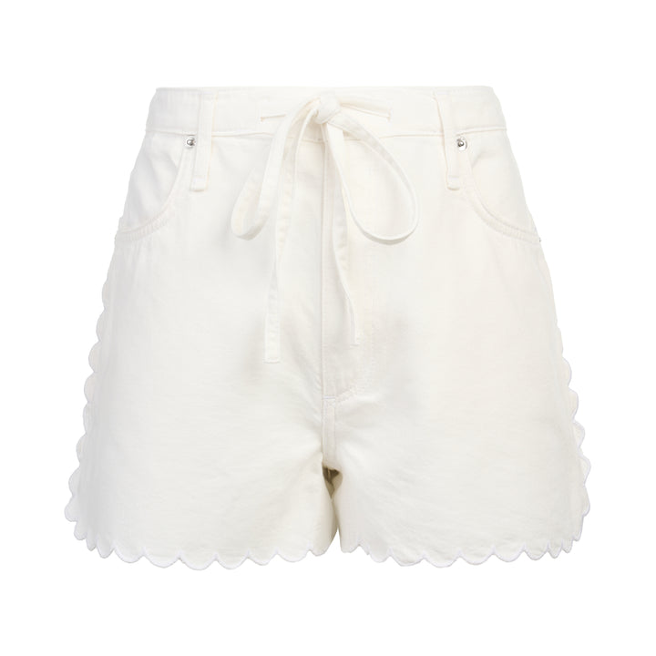 rag & bone Nolan Shorts in ivory white denim with scalloped hem, self-tie drawstring waist, and silver-tone rivets, front view