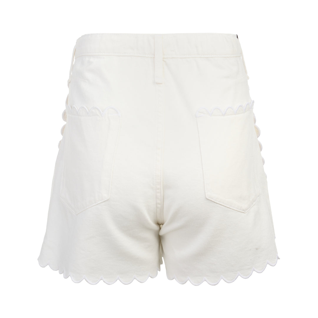 rag & bone Nolan Shorts in ivory white denim with scalloped hem, self-tie drawstring waist, and silver-tone rivets, front view - view 2