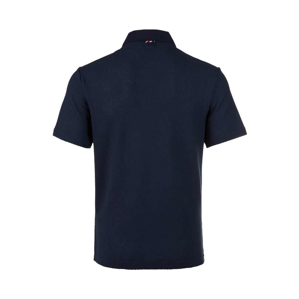 Thom Browne navy textured knit relaxed fit short sleeve polo with spread collar, five-button placket, chest pocket, and signature branding tab at the hem