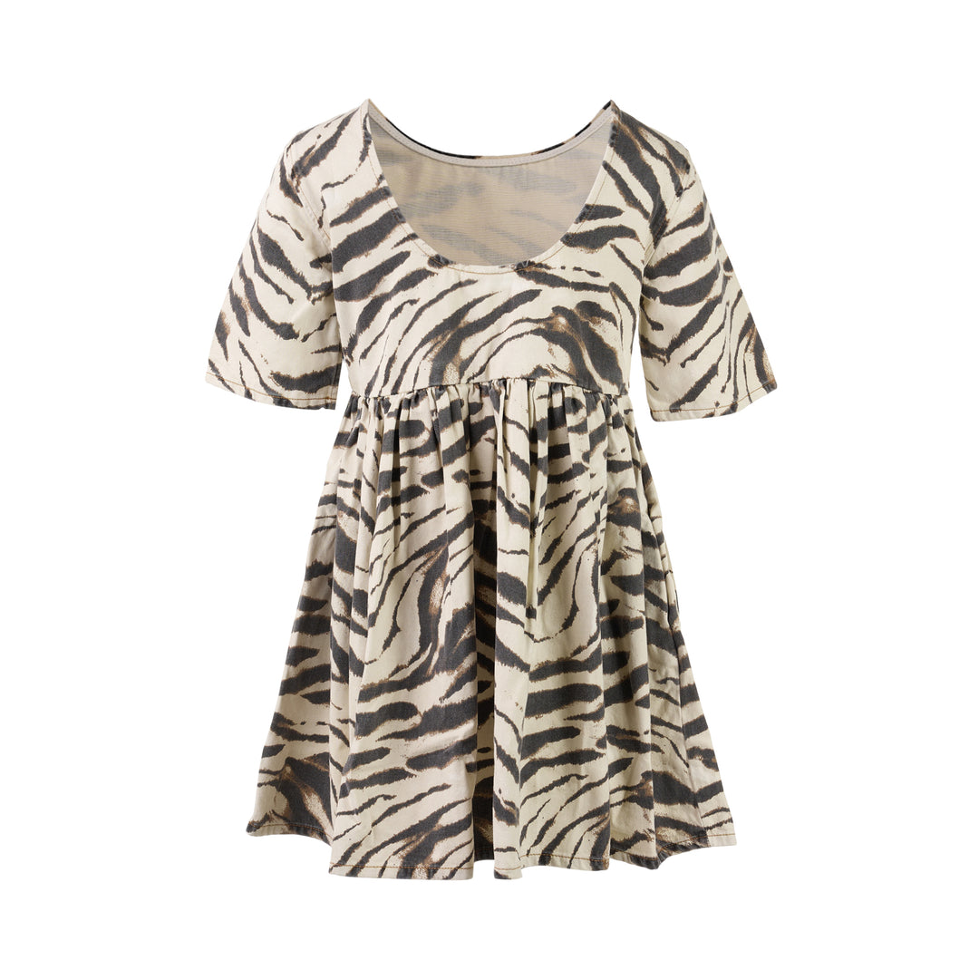 Printed Denim Puff Mini Dress