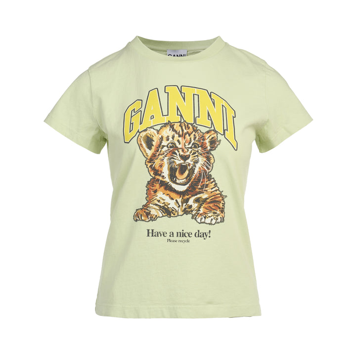 Ganni Baby Fit Cotton Jersey Tee in sage green featuring a tiger cub graphic print, collegiate Ganni lettering, and 'Have a nice day! Please recycle' slogan on the chest