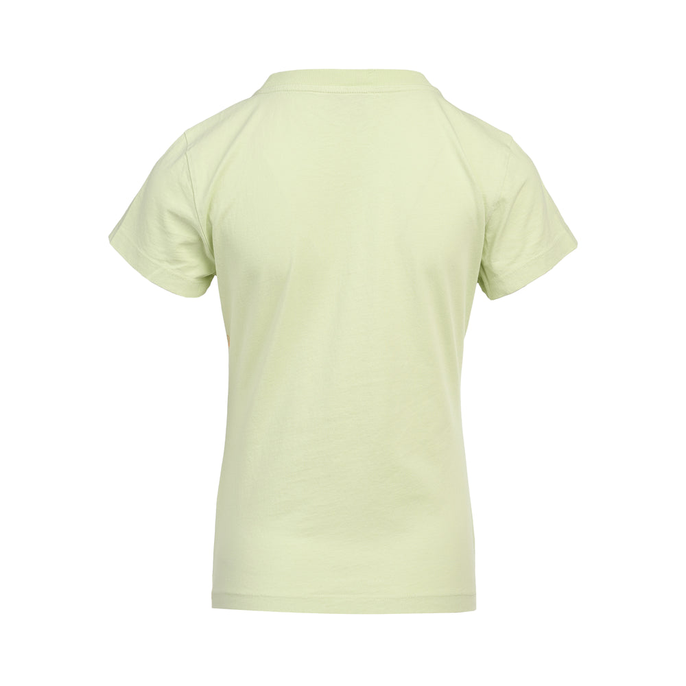 Ganni Baby Fit Cotton Jersey Tee in sage green featuring a tiger cub graphic print, collegiate Ganni lettering, and 'Have a nice day! Please recycle' slogan on the chest