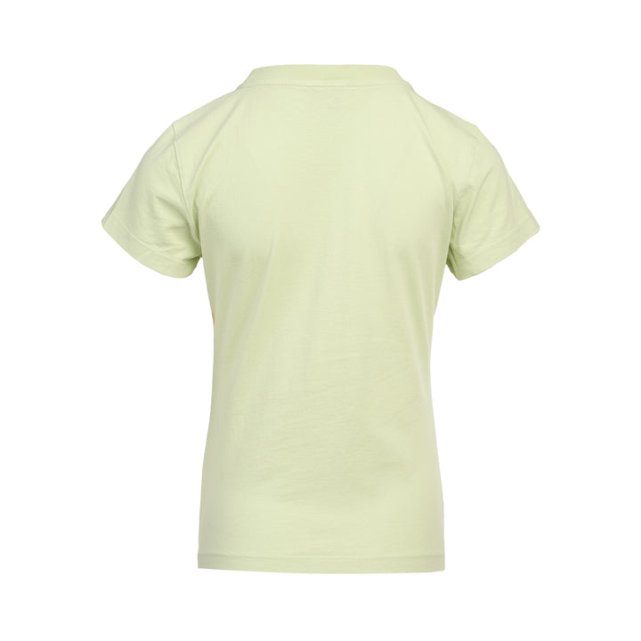 Ganni Baby Fit Cotton Jersey Tee in sage green featuring a tiger cub graphic print, collegiate Ganni lettering, and 'Have a nice day! Please recycle' slogan on the chest