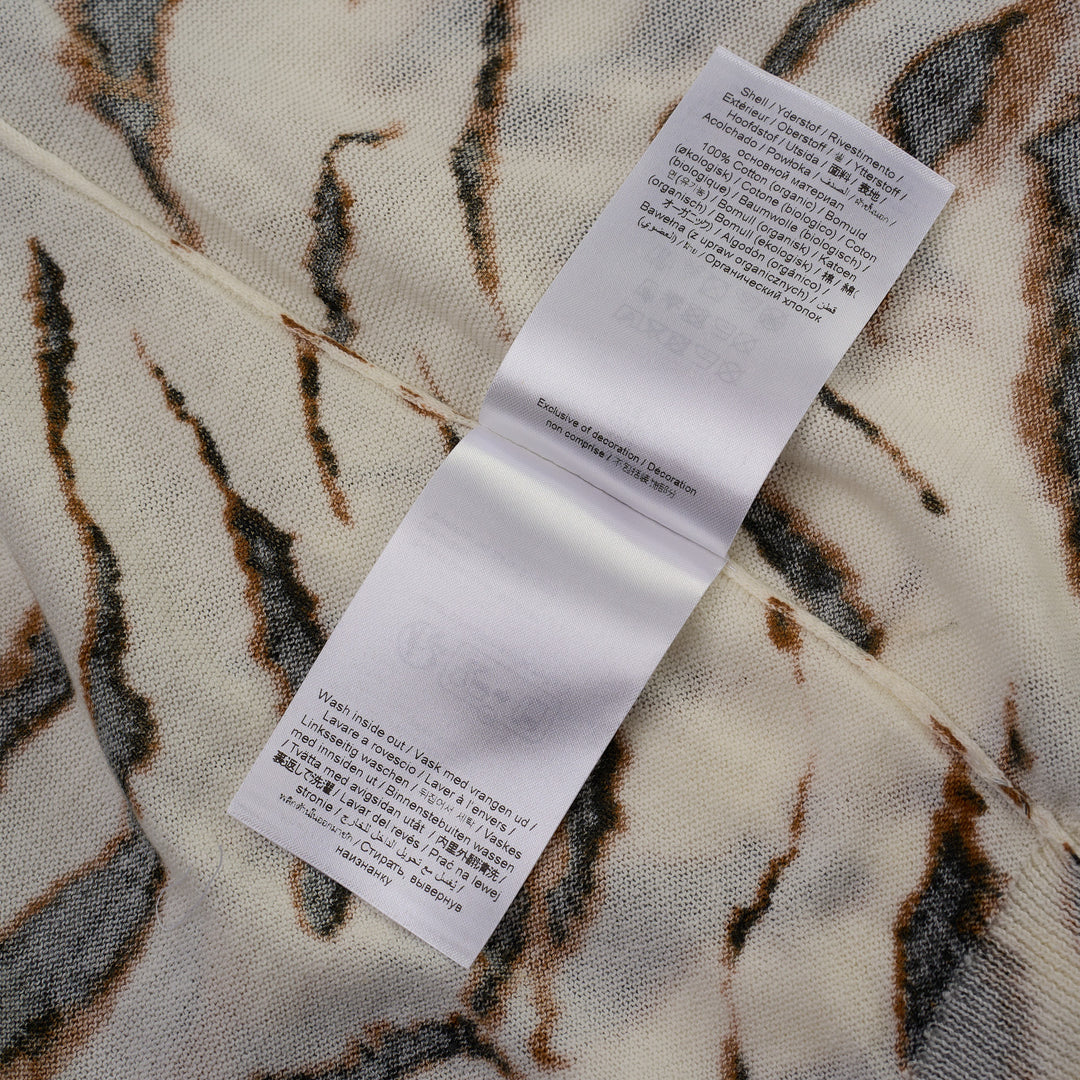 Ganni sheer cotton cardigan in cream with all-over tiger stripe print, featuring jewelled button fastening and a cropped silhouette with long sleeves