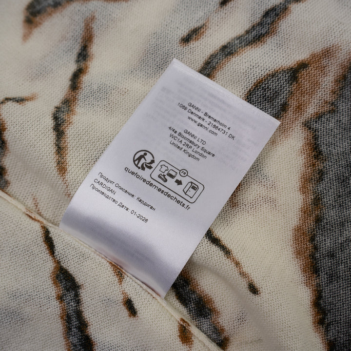 Ganni sheer cotton cardigan in cream with all-over tiger stripe print, featuring jewelled button fastening and a cropped silhouette with long sleeves