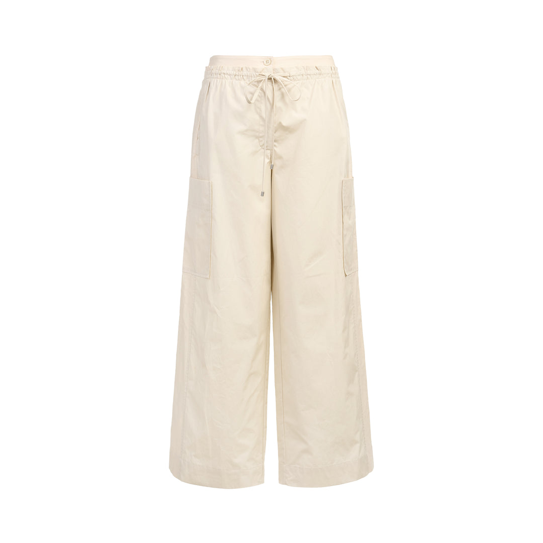 3.1 Phillip Lim Double Waistband Poplin Pants in ecru, featuring a wide-leg silhouette, drawstring waistband, and thigh patch pockets