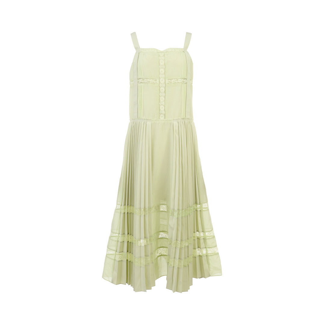 Pleated Lace Trim Midi Dress