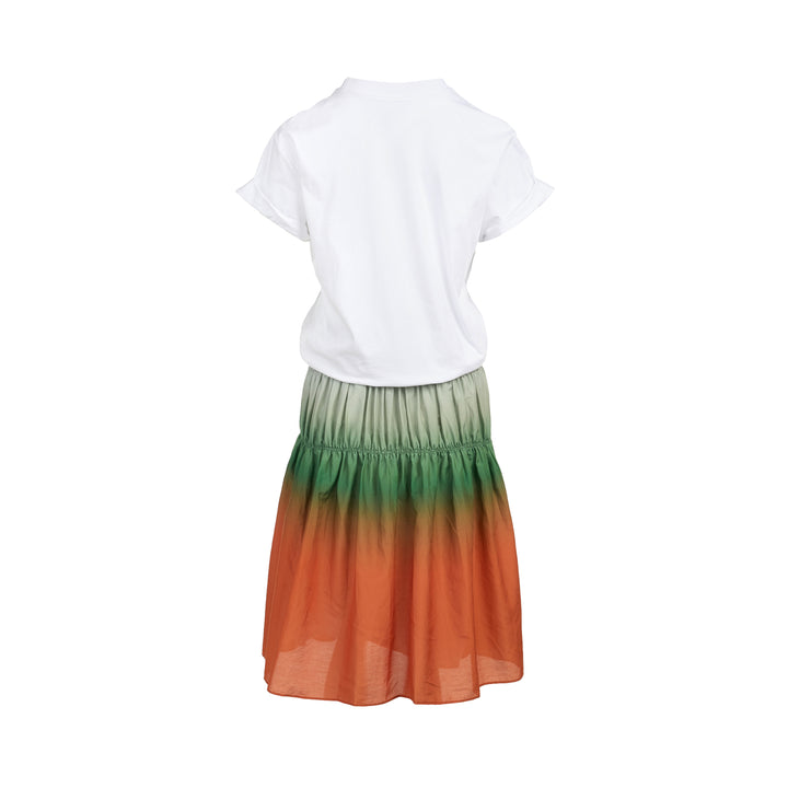 3.1 Phillip Lim Ombre T-Shirt Combo Dress with a knotted white cotton tee top and a tiered smocked skirt in a sage-to-green-to-burnt-orange ombré gradient, displayed on a white background - view 2