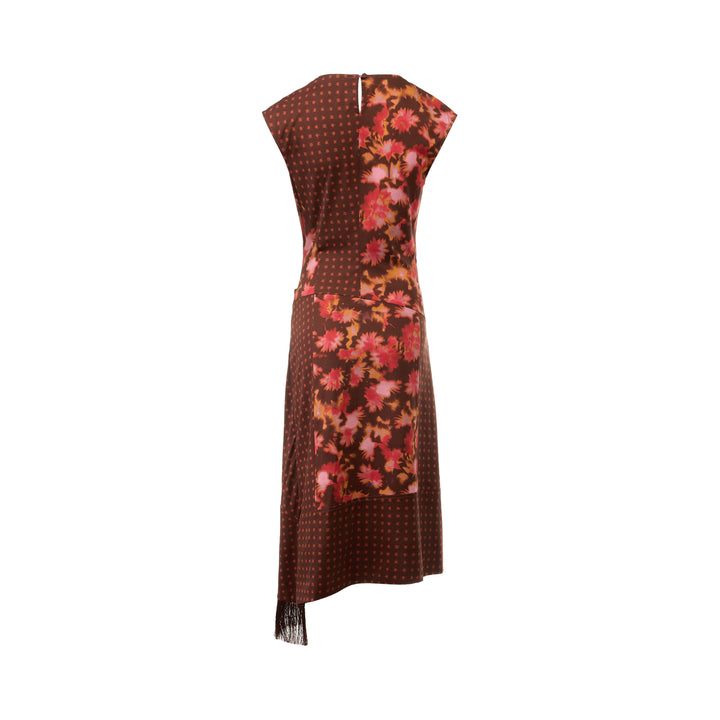 3.1 Phillip Lim Desert Flower Twist Dress in burgundy with abstract floral and polka-dot mixed print, gathered knot waist, asymmetric fringe hem, and cap sleeves - view 2