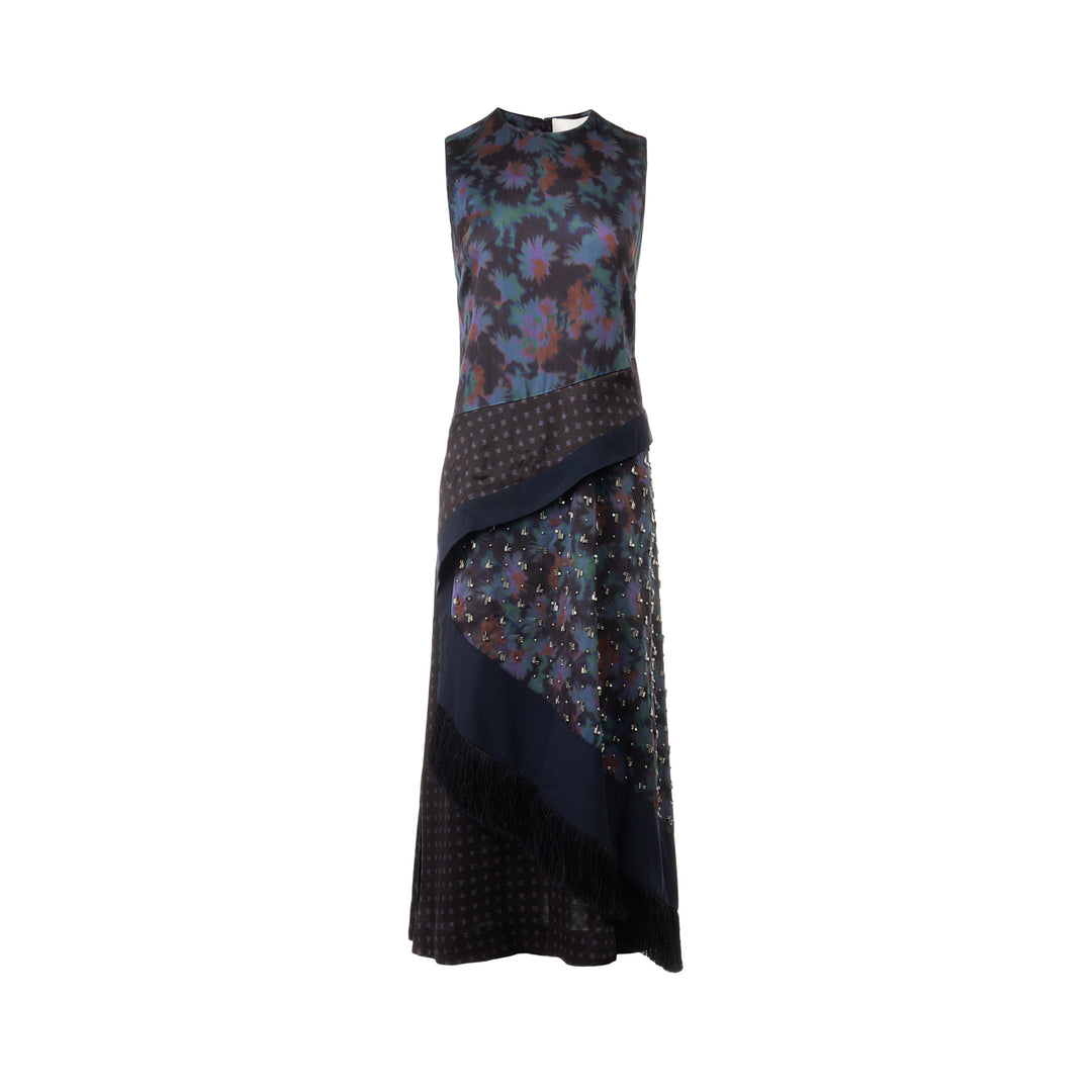 3.1 Phillip Lim Desert Flower Layered Midi Dress with mixed floral and geometric print panels, asymmetric skirt, and fringe hem trim