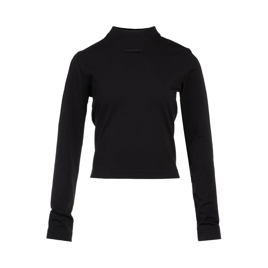 Jacquemus Gros Grain Long Sleeve Tee in black — cropped mock-neck jersey top with tonal grosgrain logo label at the chest, photographed flat on a white background