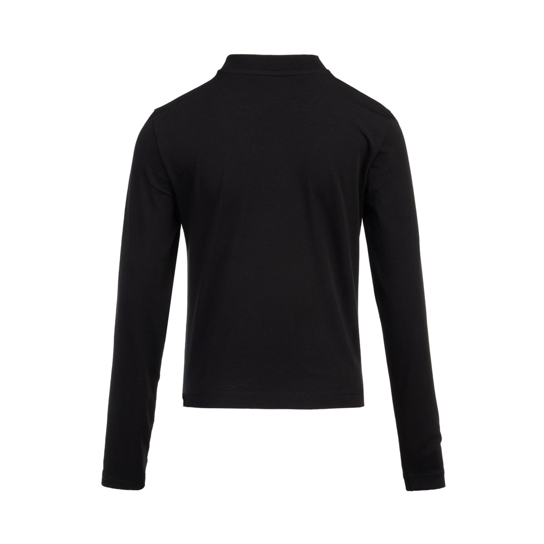 Jacquemus Gros Grain Long Sleeve Tee in black — cropped mock-neck jersey top with tonal grosgrain logo label at the chest, photographed flat on a white background