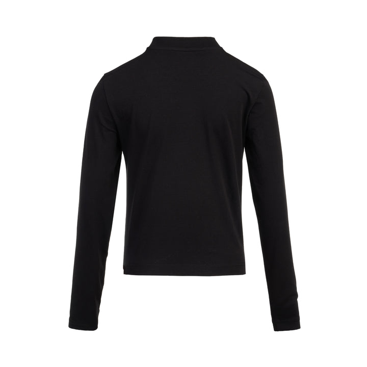 Jacquemus Gros Grain Long Sleeve Tee in black — cropped mock-neck jersey top with tonal grosgrain logo label at the chest, photographed flat on a white background