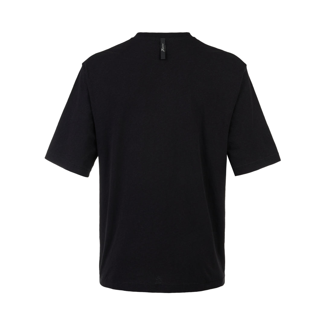 Jacquemus black oversized short sleeve crew neck tee with cursive embroidered Jacquemus logo across the chest