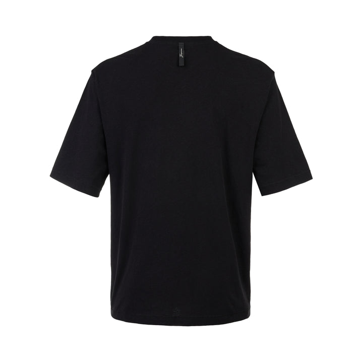 Jacquemus black oversized short sleeve crew neck tee with cursive embroidered Jacquemus logo across the chest