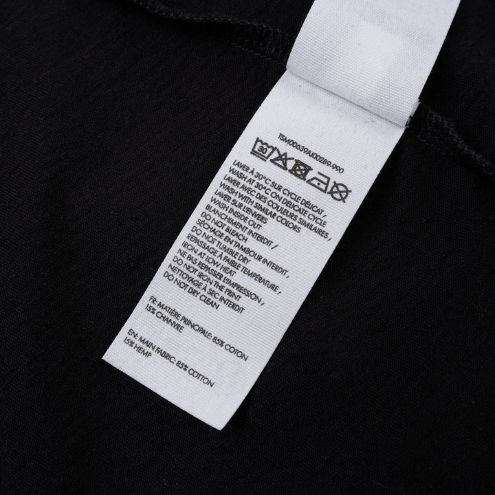 Jacquemus black oversized short sleeve crew neck tee with cursive embroidered Jacquemus logo across the chest