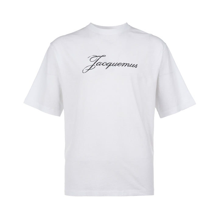Jacquemus black oversized short sleeve crew neck tee with cursive embroidered Jacquemus logo across the chest