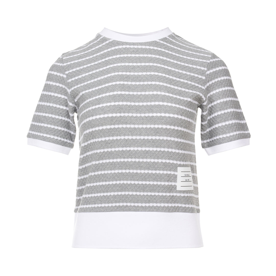 Thom Browne grey and white horizontal stripe rib short sleeve tee with contrast white crew neck, cuff, and hem trims, and a woven Thom Browne New York label at the front