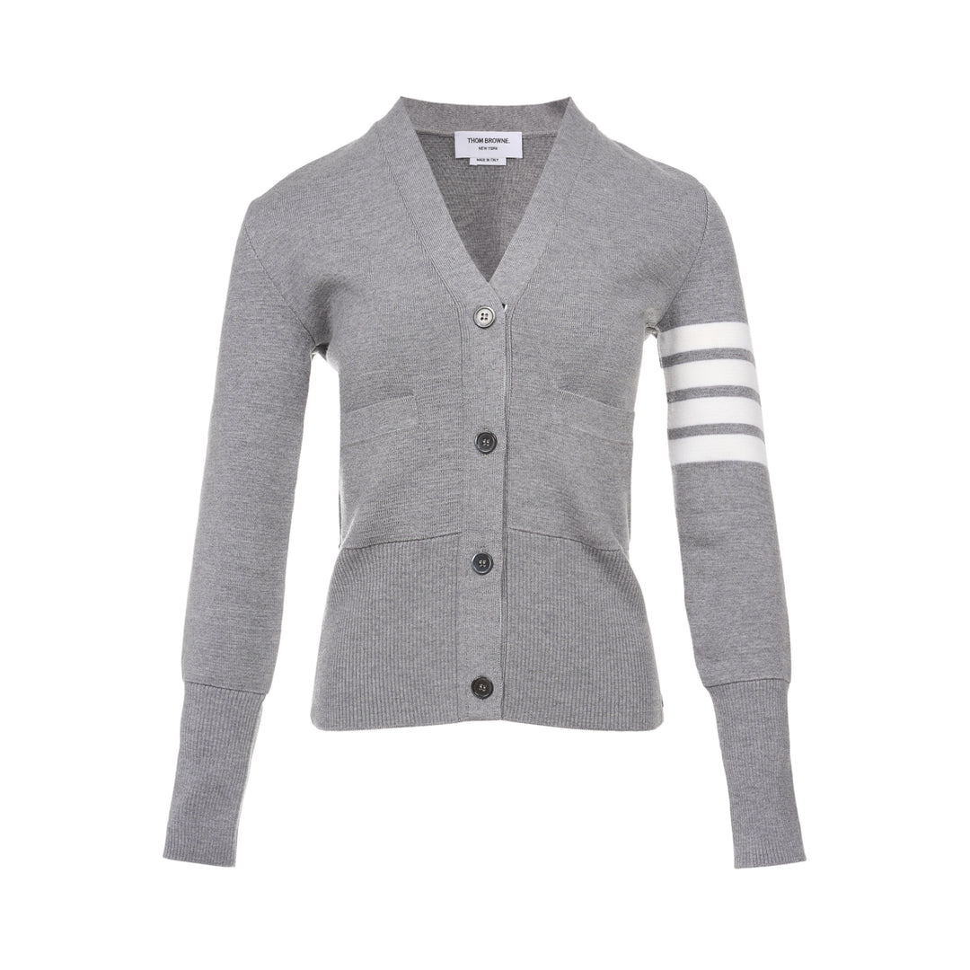 Thom Browne heather grey V-neck cardigan with four-bar white stripe detail on sleeve, button-through front, and ribbed hem and cuffs